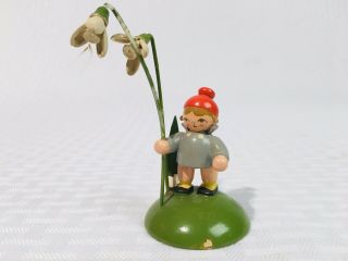 Vintage Germany Erzgebirge Wooden Figure Girl W/ Flowers 3” Christmas Ornament
