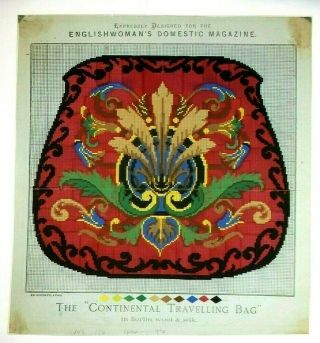Antique Berlin Woolwork Printed Chart 19th Century - Travelling Bag Design