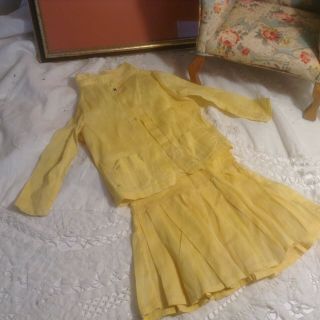 16 - 1/2 " Vintage Yellow Silk Blend Drop Waist Doll Dress With Jacket - Needs Tlc