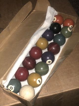 1 - 1/4” Antique Clay Billiard Ball Complete Set 16 Solid Balls 1920