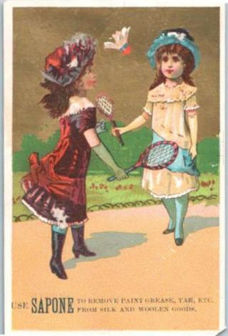 Rare Old Sapone Soap Victorian Trade Card - Children Playing Badminton - Cute
