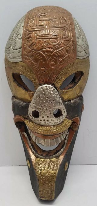 Vtg Antique Nepal Fierce Scary Evil Ornate Wood & Metal Tribal Mask Aztec Mayan