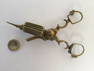 Antique Georgian Or Victorian Brass Footed Candle Snuffer,  Wick Trimmer Scissors