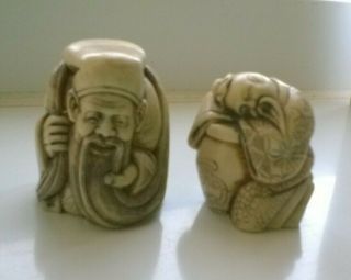 Vintage/ Antique - Figurines Hand Carved - Resin - Chinese Crouching Men.