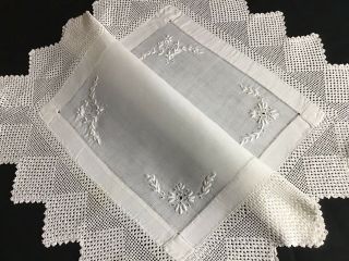 Antique Linen Tray Cloth Hand Embroidered Whitework/deep Lace Trim
