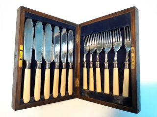 Vintage Bone Handled Silver Plated 12 Piece Fish Knife And Fork Set