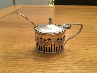 Victorian Solid Silver Mustard Pot & Spoon Chester 1898 William Atkin