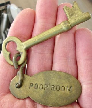 Poop Room Antique Skeleton Key & Tag Brass Bronze Bathroom Ship Nautical Crapper