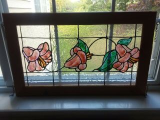 Vtg Stained Glass Window Panel Flowers Hanging Picture Wood Frame 14 " ×23 "