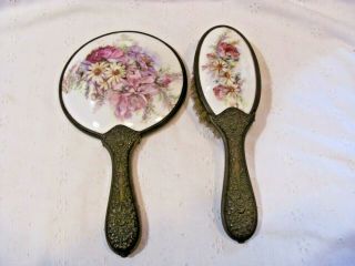 Antique Victorian Brass & Porcelain Hand Held Beveled Mirror & Brush Set Floral