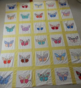 Vintage Quilt Top Appliqued Butterflies Feed Sack Fabrics & Old Cottons 80 " X66 "