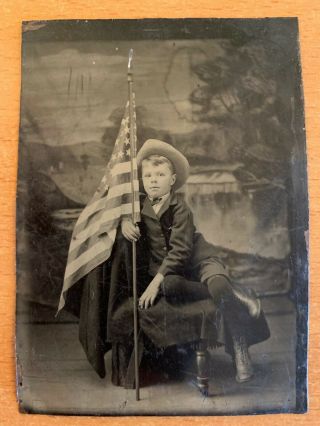Young Boy Embracing The American Flag Tintype 1860s Antique Portrait Photography