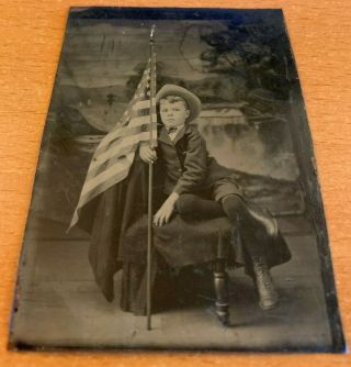 YOUNG BOY EMBRACING THE AMERICAN FLAG TINTYPE 1860s ANTIQUE PORTRAIT PHOTOGRAPHY 2