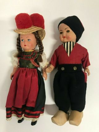 2 Vintage Dutch Doll Girl Boy Traditional Costume Dress Wooden Shoe Collectible