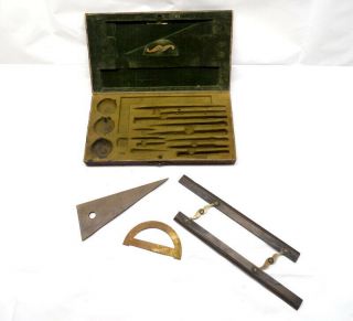 Antique Drafting Drawing Drafter Protractor Square Line Tool Leather Box Set