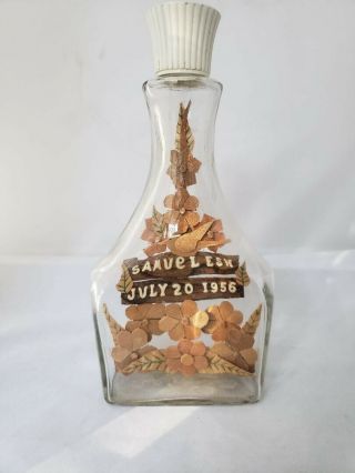 Antique Whimsey Bottle Handmade Wood Marquetry Flowers Amish Dated Signed Esh