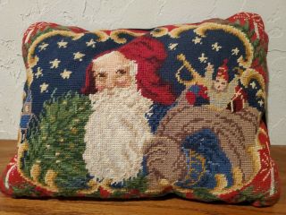 Vintage Needlepoint Pillow Christmas Santa With Presents 16 Inches X 12 Inches