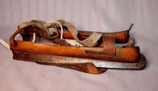 Antique Ice Skates Mens Size,  Metal & Wood,  With Leather Straps,  Ready To Hang