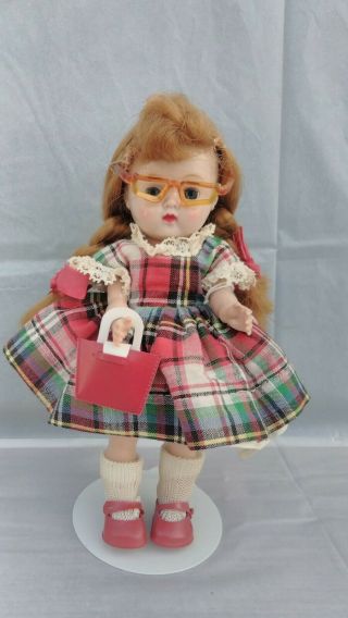 Vintage Cosmopolitan Braided Redhead Ginger Doll In Red Plaid Outfit & Glasses.