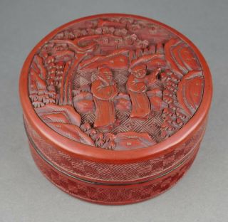 Fine Antique Chinese Carved Red Cinnabar Lacquer Lidded Round Scholar Box