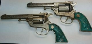 Rare Pair Turquoise Vintage Toy Cap Gun Set Hubley Texan 38 1950 
