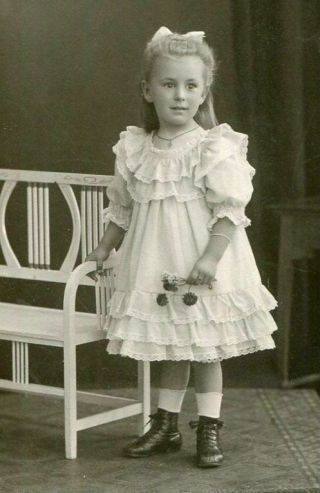 Antique Cdv Photo Little Girl W Ruffled Dress Hair Bow Chair Germany