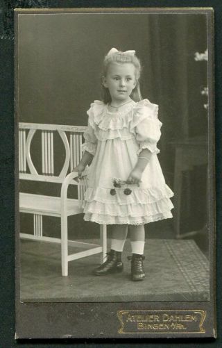 ANTIQUE CDV PHOTO LITTLE GIRL w RUFFLED DRESS HAIR BOW CHAIR GERMANY 2