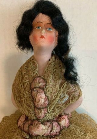 Boudoir Doll Antique French? Silk Lace Antique Victorian Germany? Rosettes Silk