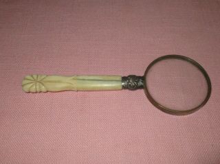 Antique 19th C.  Victorian Small Magnifying Glass Brass Silver Bone