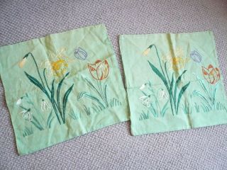 Vintage Hand Embroidered Linen Cushion Cover X 2 Flower