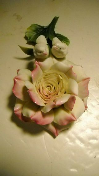 Very Rare Vintage Capodimonte Made In Italy Flower Rose With 2 Doves Figurine