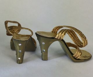 Vintage Doll Shoes Gold Heels With Rhinestones For Cissy Miss Revlon Dollikin,