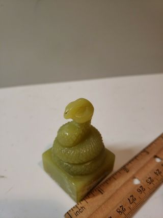 Vtg Hand Carved Coiled Jade Soap Stone Snake Chinese Stamp Block Teri engraved 2