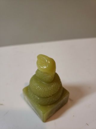 Vtg Hand Carved Coiled Jade Soap Stone Snake Chinese Stamp Block Teri engraved 3