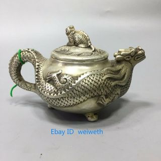 Old Chinese Tibetan Silver Hand Carved Dragon Teapot W Qianlong Mark