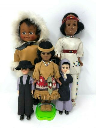 Vtg.  5pc Native American Indian Eskimo & Settlers Dolls 12” 8” 6 " Unknown Maker