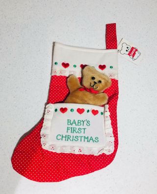 Dakin Red White Dot Stocking Baby’s First Christmas Teddy Bear Vintage Rare