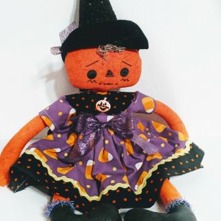 Primitive Raggedy Pumpkin Witch Doll In Candy Corn Dress Halloween