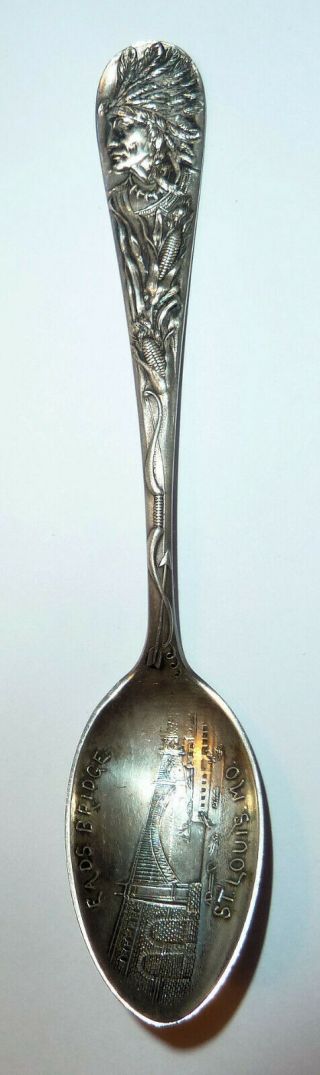 1910s Silver Spoon Native American Indian Design St.  Louis Mo Chief & Corn Eads