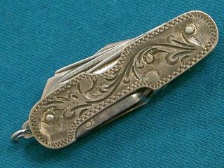 Antique Oriental Japanese Engraved Sterling Silver Pocket Watch Fob Knife Knives