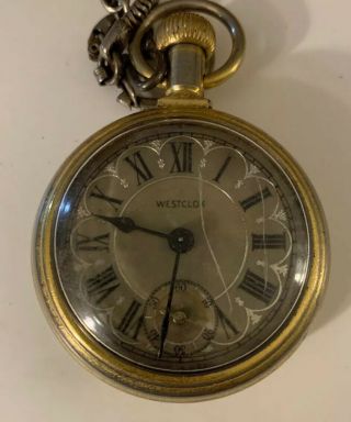 Vtg Westclox Train Wind Up Roman Numeral Pocket Watch With Chain Attached