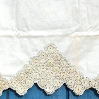 Antique Vintage White Cotton Bolster Cover Long Pillowcase Crocheted Lace Trim
