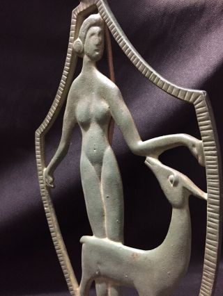 Vtg Art Deco Nude Girl Women W/ Antelope Candlestick Cast Iron Lamp 2
