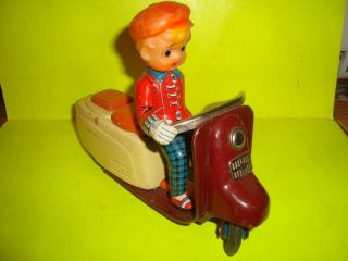 Rare Circa 1960 Boy On Motor Scooter Japanese Tin Friction Toy 7&1/4 "
