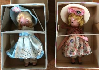 2 Vintage Nancy Ann Storybook Doll Mistress Mary 119 Blue & Pink Box - Bisque