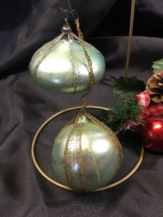 Two Antique Victorian Green Mercury Glass Wire Wrapped Christmas Ornaments