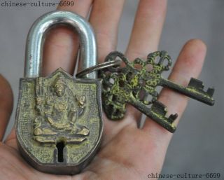 Old Antique Tibetan Bronze Buddhism God Buddha Statue Latch Lock Key Set