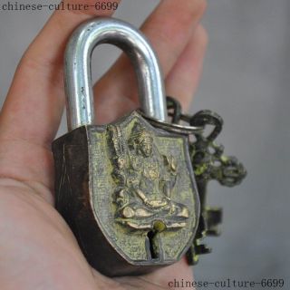 Old antique Tibetan Bronze Buddhism God Buddha Statue Latch Lock key Set 2