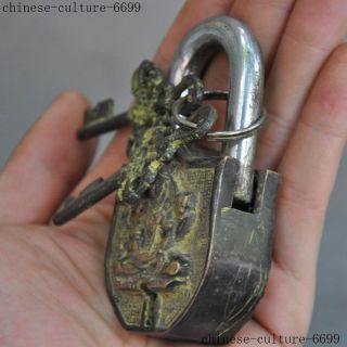 Old antique Tibetan Bronze Buddhism God Buddha Statue Latch Lock key Set 3
