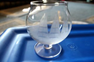 6 Antique Etched Nautical CLIPPER SHIP Cognac Whiskey Brandy Snifter Glasses 2